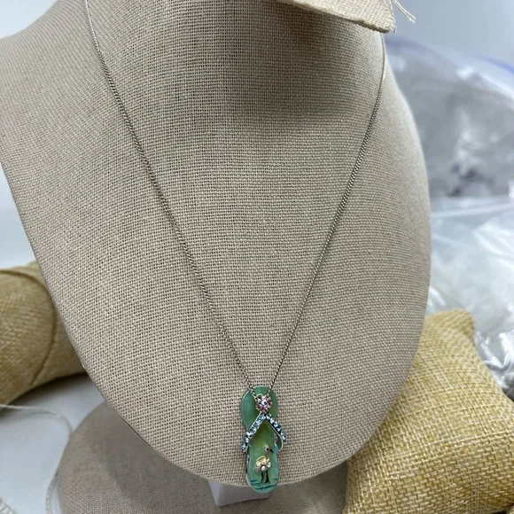 Vintage Sterling Silver Flip-Flop Pendant Necklace with Flamingo & Crystals, 18” - Picture 5 of 15